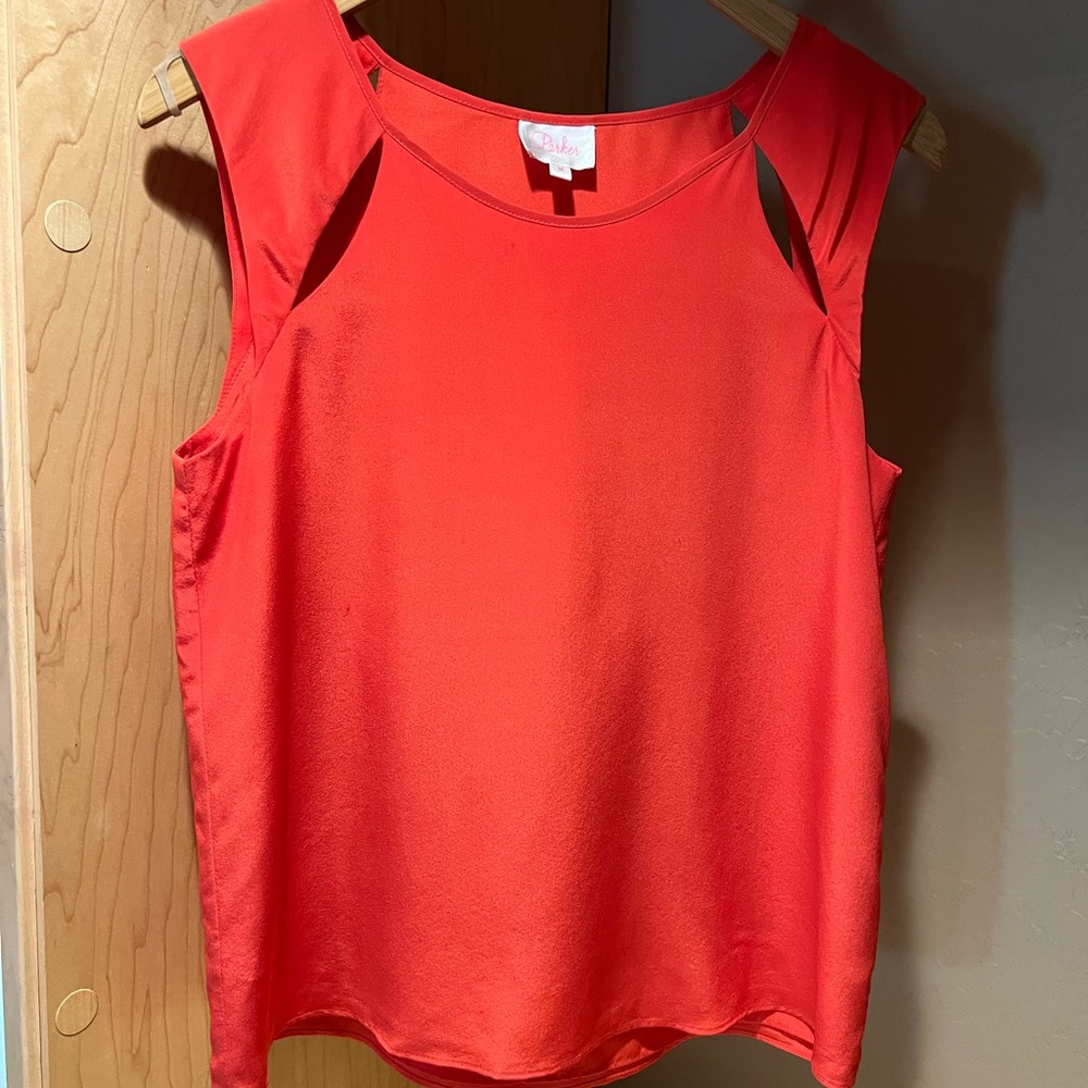 Date night red silk Parker sleeveless top with cold shoulders, sort of.